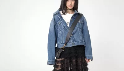 杨颖 棚照生图 牛仔外套黑纱透明蓬蓬长裙